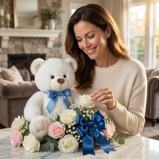 Mujer sonriente admirando un arreglo floral con un oso de felpa blanco y rosas blancas y rosadas, con lazo azul, en un hogar