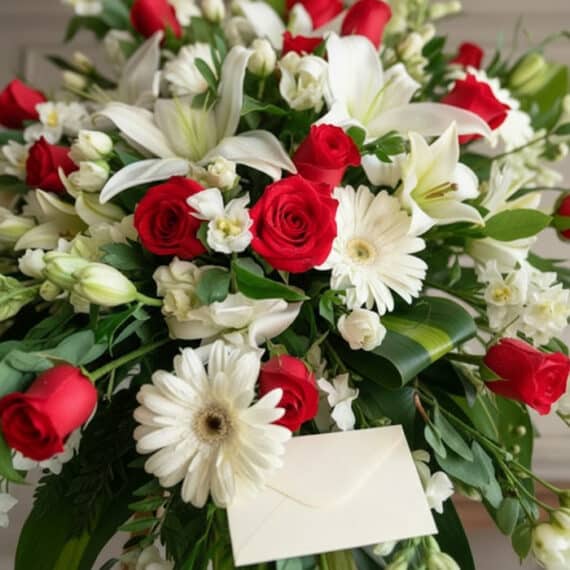 Primer plano de un arreglo floral fúnebre 'Pedestal Fúnebre Adoración' con rosas rojas, lirios blancos y margaritas, con rocí