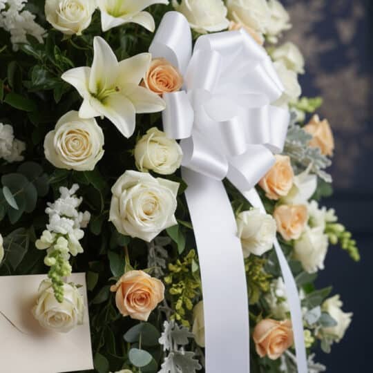 Fotografía macro de un arreglo fúnebre con rosas blancas, rosas melocotón y lirios blancos, con rocío sutil y una cinta satin