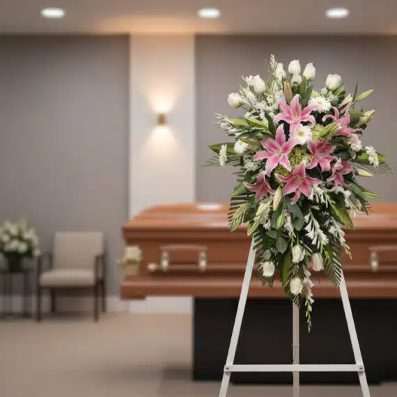 Pedestal fúnebre 'Legado Eterno' con lirios rosados, rosas blancas y follaje verde, en una sala de velación moderna con ataúd