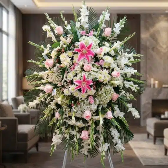 Pedestal fúnebre 'Pasión' con lirios rosados, rosas pálidas y gladiolos blancos, en sala de velación premium con luz natural.