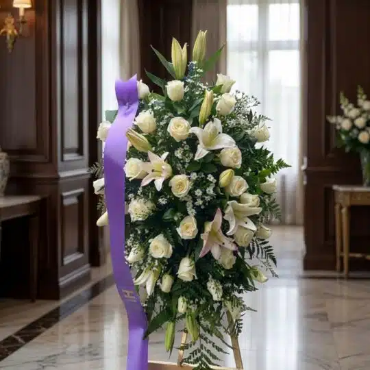Pedestal fúnebre Salvación con rosas blancas, lirios y follaje verde, presentado en una sala de velación premium con luz natu