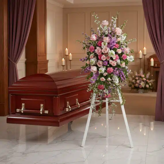 Pedestal funerario 'Luz de Elisa' con rosas, claveles y delphiniums en tonos rosa, blanco y lavanda, junto a un ataúd de caob