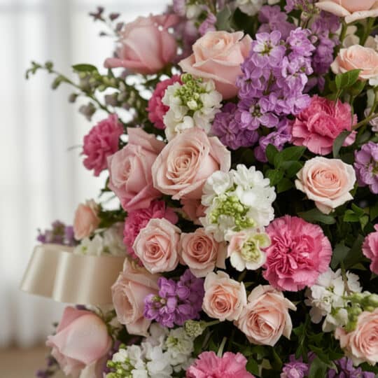 Macro de arreglo floral funerario 'Luz de Elisa' con rosas, lirios y claveles en tonos pastel, rocío sutil y cinta satinada.