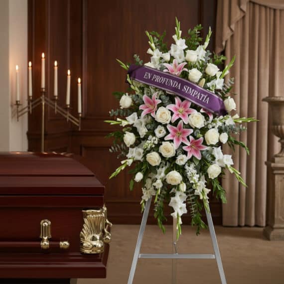 Pedestal floral "El Legado de Josafat" con rosas blancas, lirios rosados y gladiolos, cinta morada "En Profunda Simpatía" jun