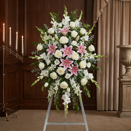 Pedestal de Homenaje «El Legado de Josafat»: Tributo Digno y Solemne 🕊️ Pedestal floral funerario "El Legado de Josafat" con lirios rosas, rosas blancas y gladiolos en sala de velación elegante.