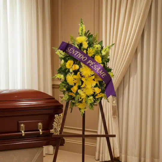 Pedestal de homenaje "El Legado de Sebastian" con flores amarillas y cinta morada "Sentido Pésame" junto a un ataúd en sala d