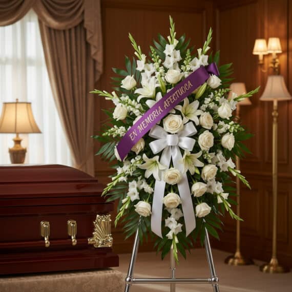 Imponente pedestal de honor Abdon con rosas blancas, lirios y gladiolos, adornado con una cinta morada que dice 'EN MEMORIA A