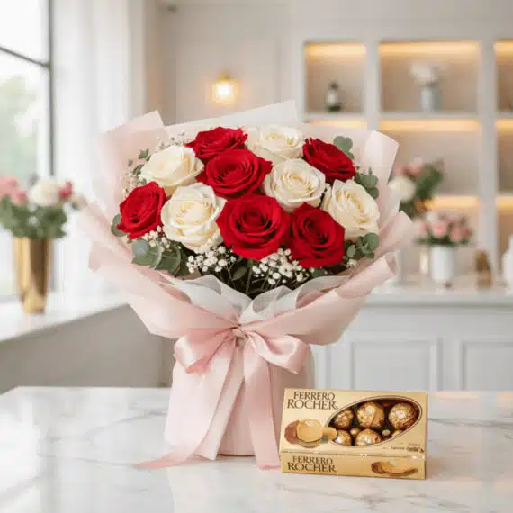 Ramillete Dulce Despertar: Rosas Rojas y Blancas con Ferrero Rocher Ramillete Dulce Despertar con 12 rosas rojas y blancas, empaque coreano rosa, eucalipto y gypsophila, junto a una caja de Fer