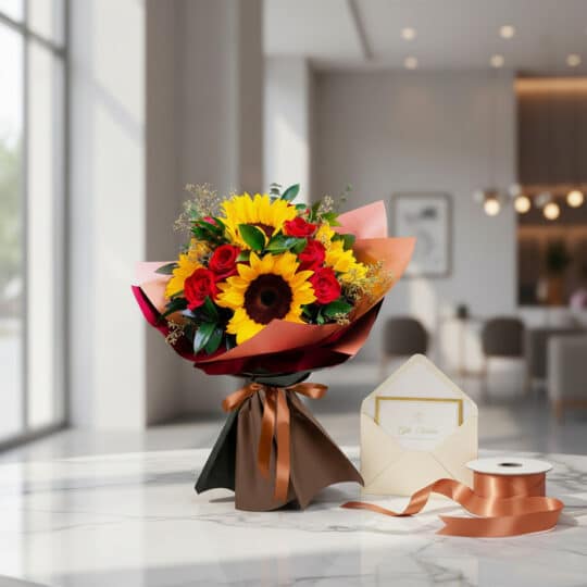 Ramo Aurora de rosas rojas y girasoles vibrantes, envuelto elegantemente, con tarjeta de regalo y cinta de satén sobre mármol