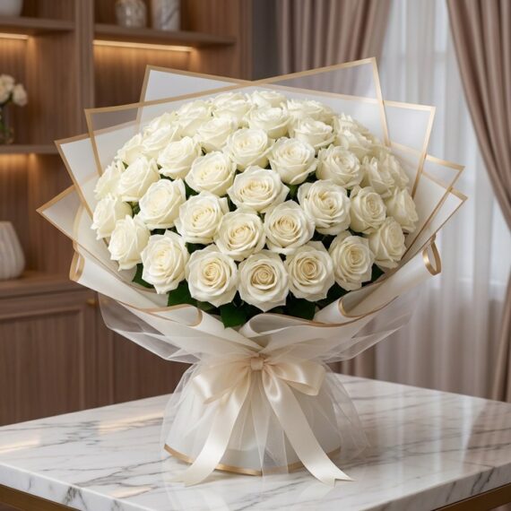 Ramo JACOBELLA de 60 Rosas Blancas: Elegancia Pura para Regalar Impresionante ramo JACOBELLA de 60 rosas blancas frescas y abiertas, con empaque coreano elegante y lazo de seda, sobre mesa