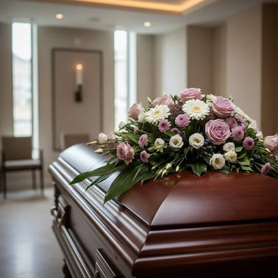 Arreglo floral Sereno Cubre Caja Fúnebre "Jardín de Ines" con rosas, margaritas y follaje sobre un ataúd de madera en una sal