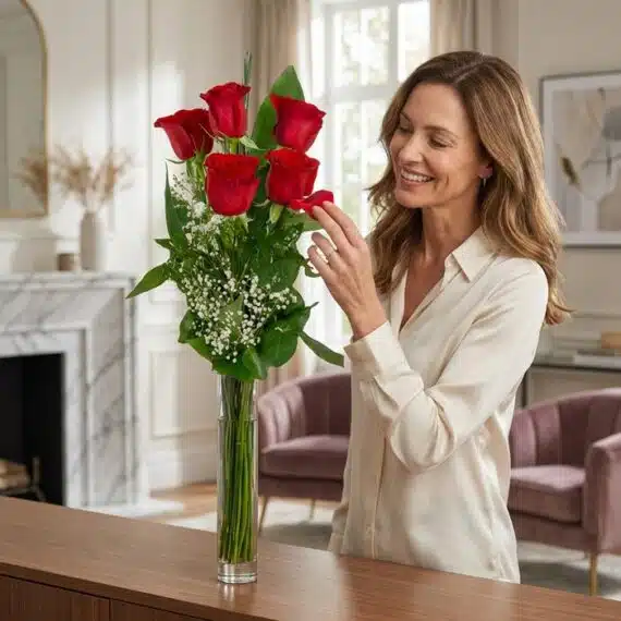 Mujer elegante admirando un Solitario con Rosas Marilyn en un jarrón de cristal, en un interior de hogar de alto diseño con l