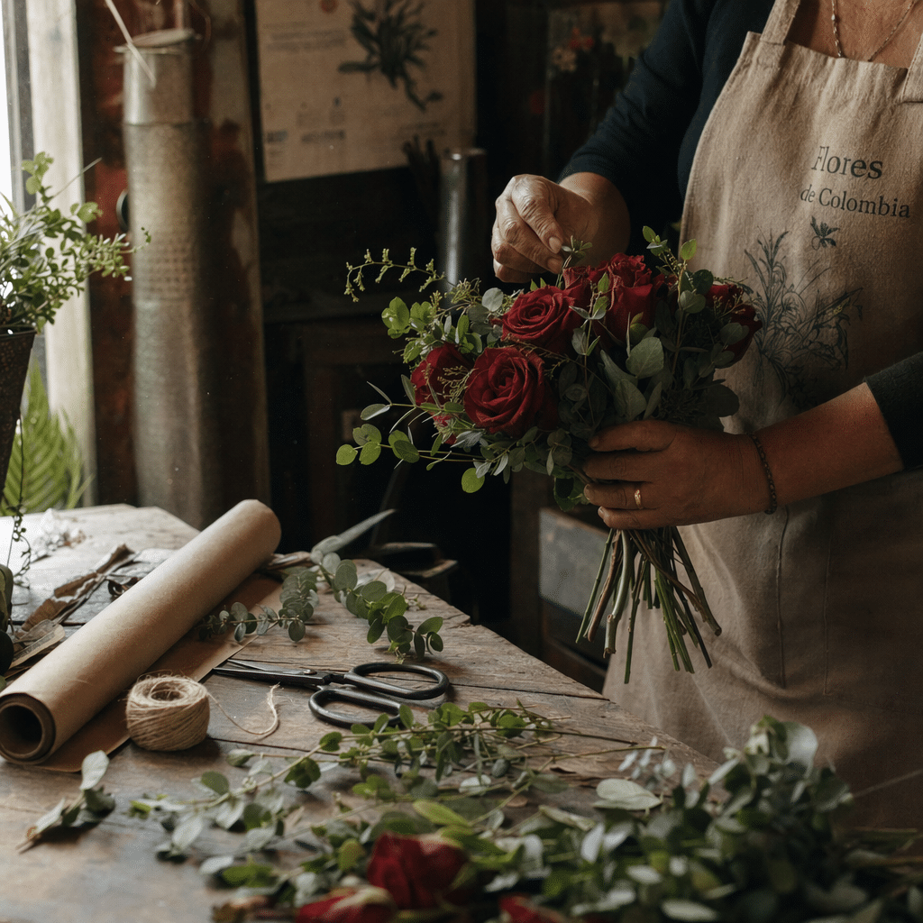 Florista arreglando flores para entrega a domicilio en Bello