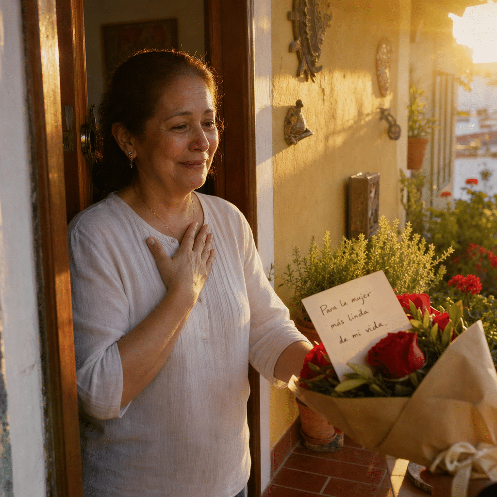 Mamá recibiendo flores del Día de la Madre en su casa en Bello