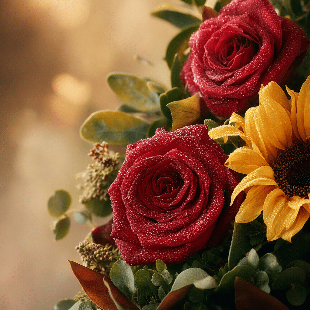 Detalle de rosas frescas con rocío para arreglo del Día de la Madre Bello